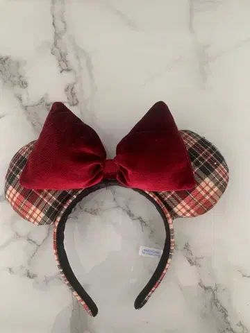 디즈니 미니 마우스 머리띠 체크 벨로아 빨간색