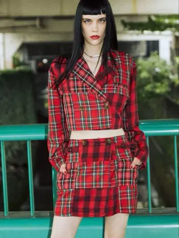 jouetie 빨간색 체크 셋업 패치워크