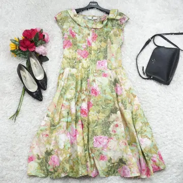 G9406*이레느 반 리브 꽃무늬 슬리브리스 원피스 옐로우 그린 40
