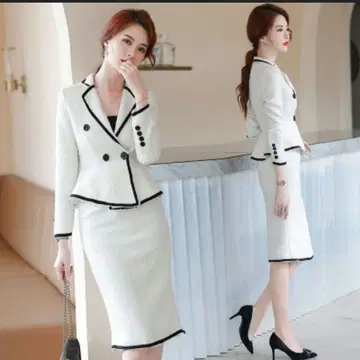 화이트 더블 브레스트 스커트 셋업