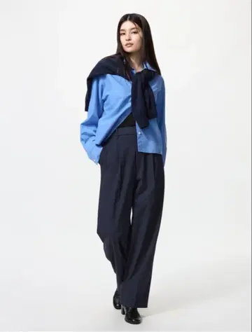 유니클로 턱 와이드 팬츠 네이비 M 밑단 기장 수선 완료