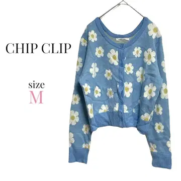 CHIPCLIP [ M ] 꽃 패턴 니트 가디건 큰 꽃 화려 귀여운 블루