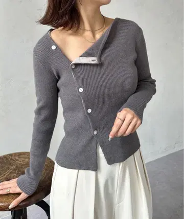 세봉 아시메 넥 버튼 리브 니트 그레이