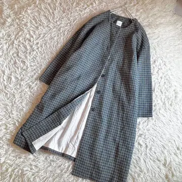 컨디션 최상 노풀 코튼 트위드 하운드투스 체크 노카라 코트 체크 프리