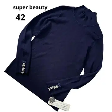 [ 새상품 ] 슈퍼뷰티 소매 펄 리본 네이비 긴팔 하이넥