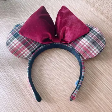 디즈니 미니 마우스 머리띠 체크 벨로아 빨간색 리본 2025