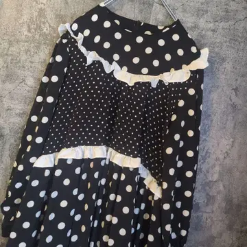 수입 구제 의류 플레어 원피스 도트 무늬 플레어 프릴 걸리시