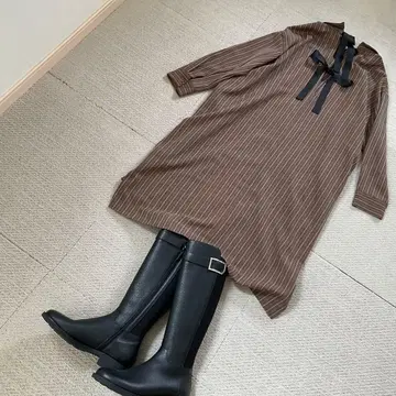 브라운 스트라이프 셔츠 원피스