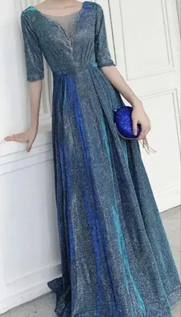 블루 계열 라메 믹스 롱 드레스 V넥 L~XL 사이즈