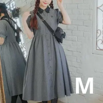 새상품 시마무라 아오키 미사코 레이스 옷깃 반팔 스트라이프 원피스 블랙