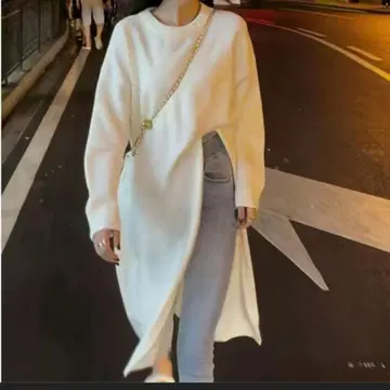 롱 니트 가디건 화이트 슬릿 Y2K 한국