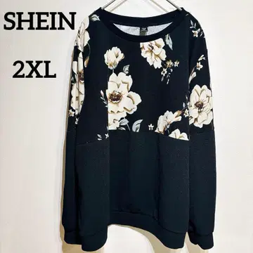 SHEIN [ 2XL ] 티셔츠 상의 긴팔 플라워 프린트 꽃무늬 블랙
