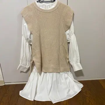 화이트 프릴 셔츠 원피스 베이지 베스트