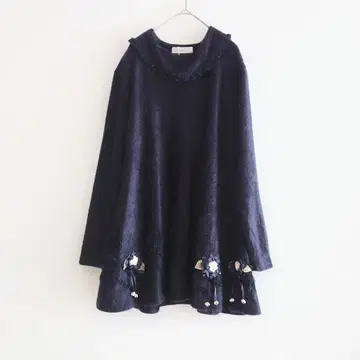 b 미사용 꽃 모티브 원피스 하늘하늘 기모 리본 레이스 플레어 블랙