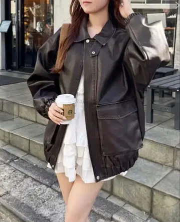 NICE CLAUP 페이크 가죽 자켓 브라운