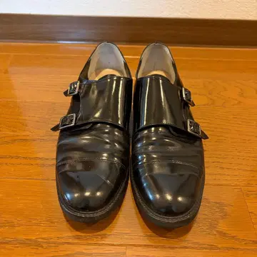 블랙 가죽 더블 몽크 스트랩 신발