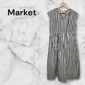 마켓 스트라이프 슬리브리스 셔츠 원피스 플레어 실루엣 F