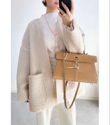 노스탤지어 페이크 링 울 가디건 자켓 그레이쉬 베이지