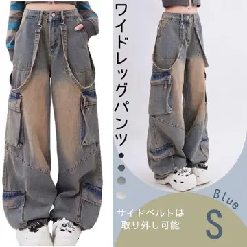 와이드 레그 팬츠 S 카고 팬츠 데님 청바지 워시드 팬츠