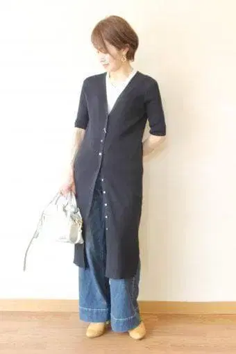 MACPHEE 맥피 코튼 리브 V넥 롱 가디건 네이비