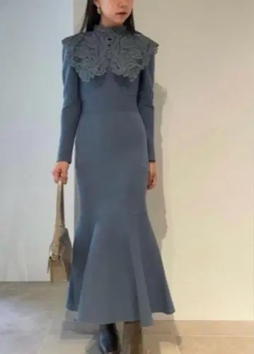 빅 그레이스 카라 니트 원피스 블루