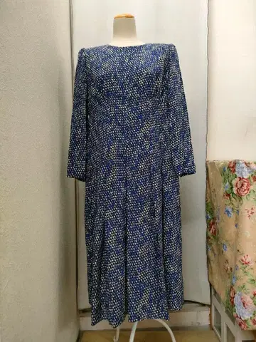 아시다 준 블루 실크 원피스 레트로 구제 의류