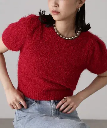 레드 퍼프 슬리브 니트 반팔