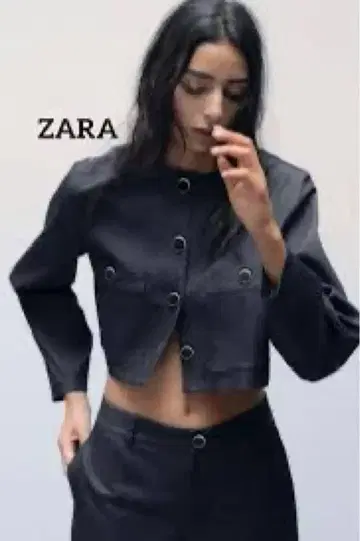 ZARA 노카라 크롭 자켓 다크 블루