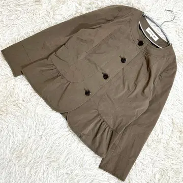 스타일미 카키 노카라 자켓 긴팔 크루넥 코튼 프릴 L