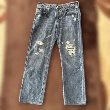 g'u 데미지 가공 블루 스트레이트 진 허리 84cm 정도