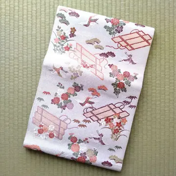 고급 순수 실크 후쿠로 오비 기모노 학 꽃 미사용 리메이크용