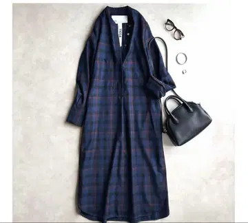 ticca 네이비 계열 체크 긴팔 셔츠 원피스