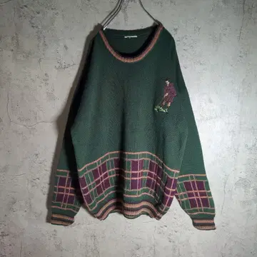 [빅 실루엣] 골프 자수 리브 라인 체크 절개 니트 스웨터