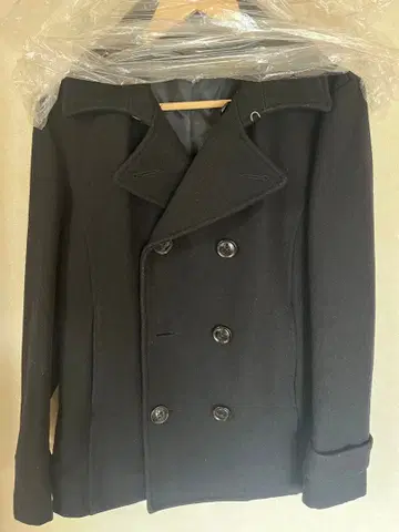 울 더블 브레스트 피 코트 블랙