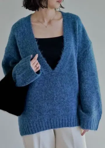 Re:EDIT 블루 깊은 V넥 기모 MIX 니트 스웨터 M 사이즈