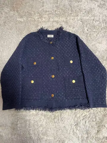 이에나 트위드 니트 자켓 골드 버튼 노카라 네이비 IENA