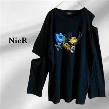 [ 니어 ] 슬릿 티셔츠 [ F ] 블랙 꽃무늬 큰 사이즈 긴팔