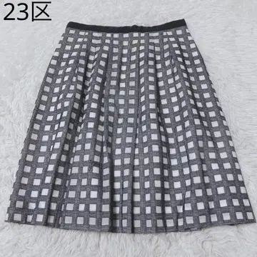 23KU 플리츠 스커트 격자 무늬 무릎 기장 깔끔한 네이비/화이트 M