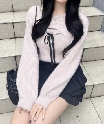 INGNI 페더 리브 데콜테 오픈 리본 니트 핑크