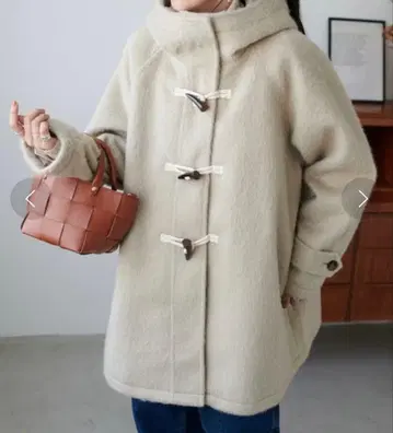 베이지 더플 코트 후드 부착