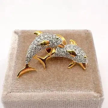 스와로브스키 핀 브로치 돌고래 파베 골드톤