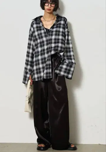 ESICA 옷깃 인조 가죽 면 체크 셔츠 + 새틴 사이드 라인 팬츠