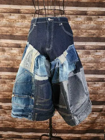 데님 리메이크 벌룬 하프 팬츠