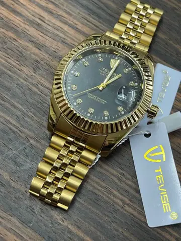 TEVISE 골드 아날로그 남성용 쿼츠 손목시계