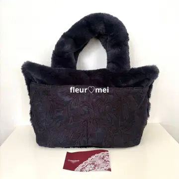 미사용품 근자와 레이스 에코 퍼 플라워 자수 토트백 네이비