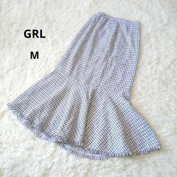 GRL 트위드 머메이드 플레어 스커트 화이트 x 블랙 체크 프린지 M