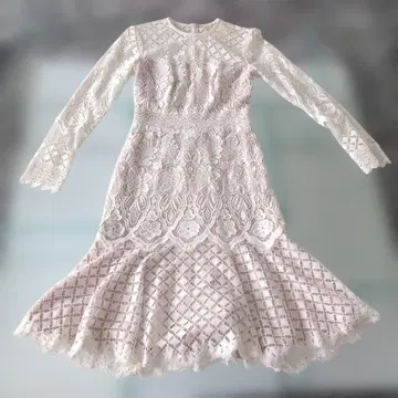 타다시 쇼지 화이트 전체 레이스 긴팔 원피스