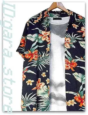 미레이! 블랙 x 오렌지 x 그린 꽃 올 패턴 반팔 셔츠