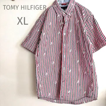 타미힐피거 셔츠 스트라이프 반팔 면 100% 파랑 x 빨간색