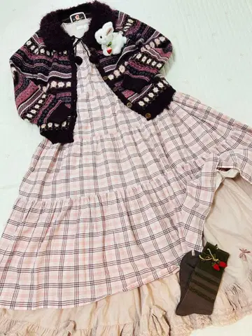 핑크하우스 원피스 면 린넨 이중지 체크 슬리브리스